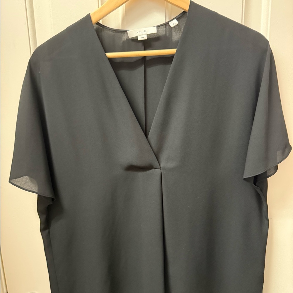 Vince Black V-Neck Short Flutter Sleeve Blouse